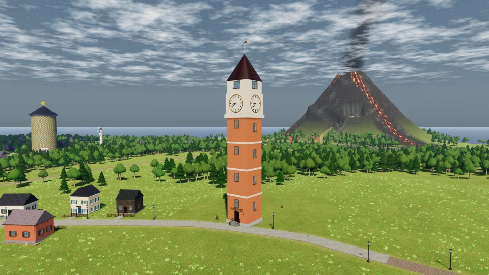 The Clock Tower rises above nearby town rooftops.