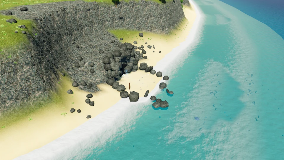 A dark sea cave opening cuts into the rocky shore beside the water.