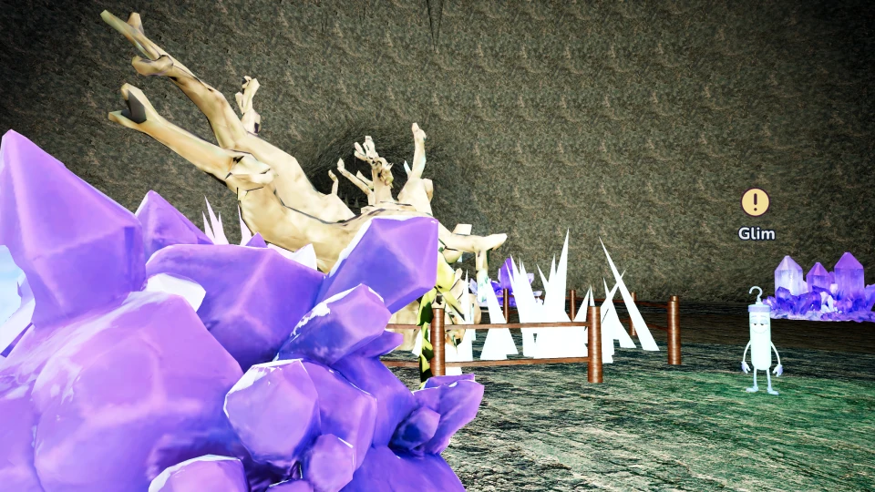 Purple crystals, a pale branching tree, and Glim inside the Crystal Caves.