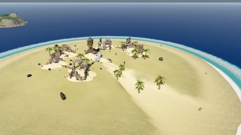 Stone ruins and a towering figure stand among palms on Faraway Shore.