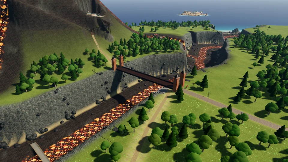 Rocky cliffs and the suspension bridge frame a glowing lava channel in the Great Gorge.