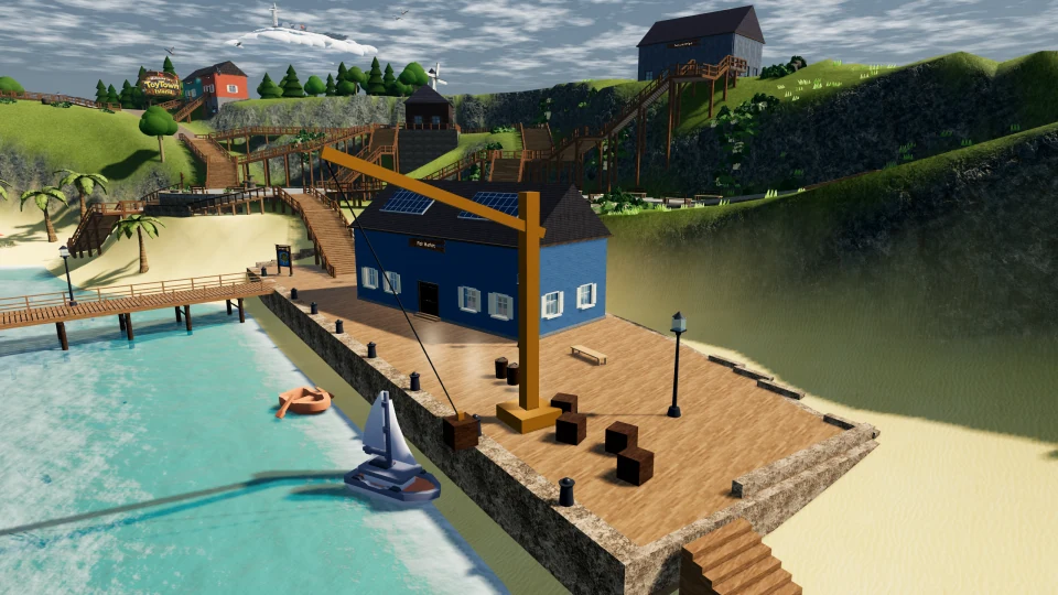 A cargo crane and wooden crates on the Harbor's working quay.