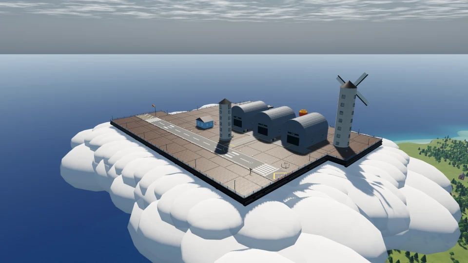 Runway markings, hangars, and windmill towers on High Harbor's floating cloud.
