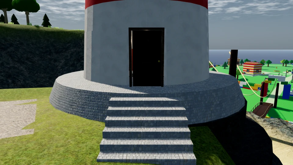 The lighthouse doorway and stone stair rise above its masonry base.