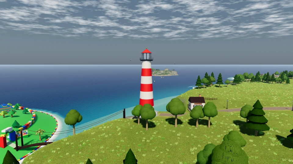 The striped lighthouse rises from a layered stone base beside the coast.