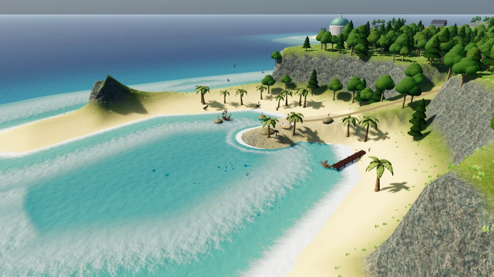 A curved sandy cove meets calm blue water beneath the coastal cliffs.