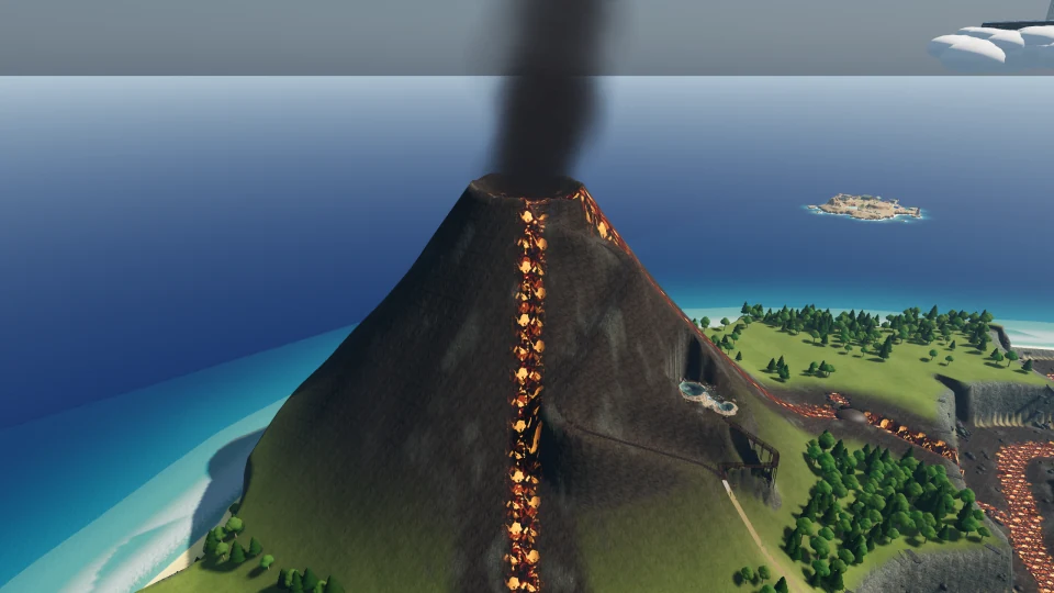 An aerial view of Mt. Shimmer's smoking summit, lava flows, and coastal slopes.
