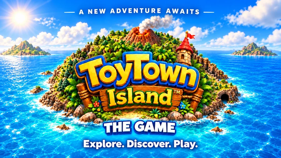 ToyTown Island, the Game: a volcano island in a bright blue sea. A new adventure awaits. Explore. Discover. Play.