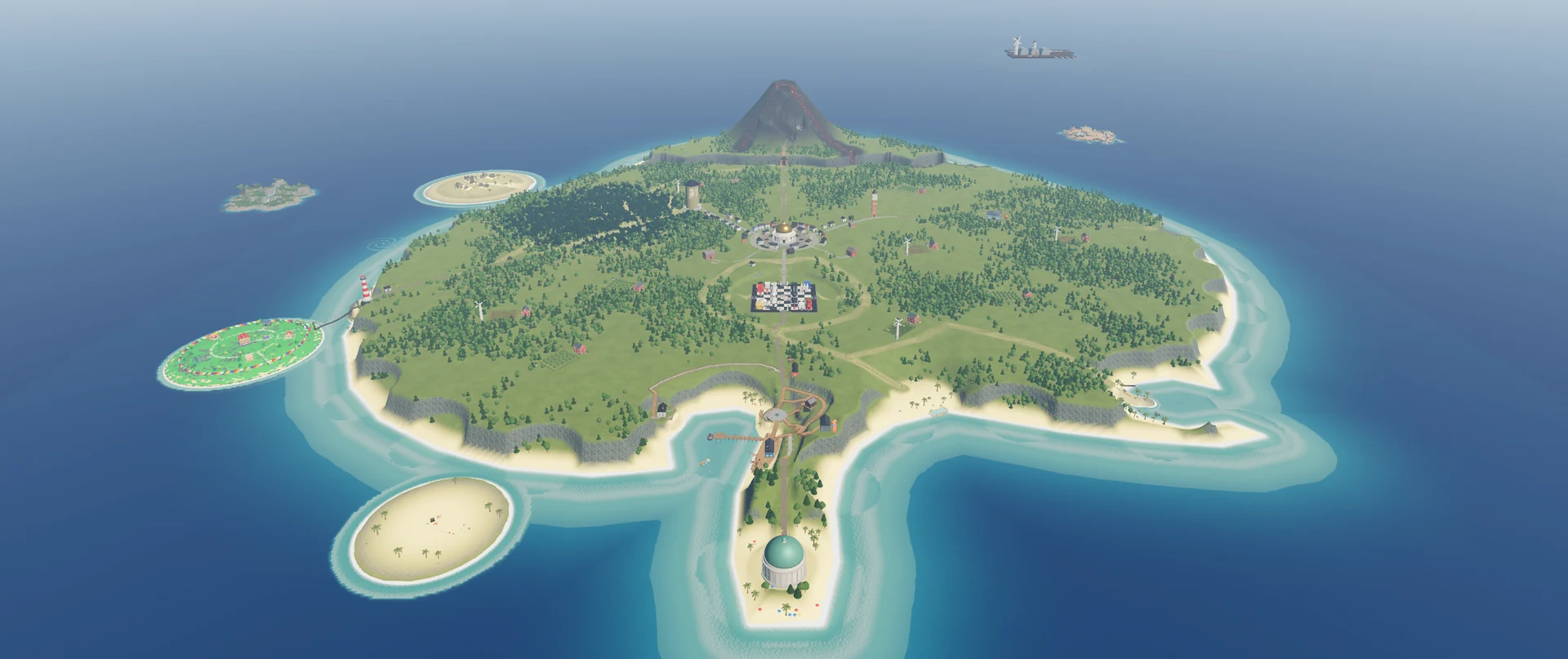 A wide oblique view spans the ToyTown Island coastline, hills, harbor, and town.